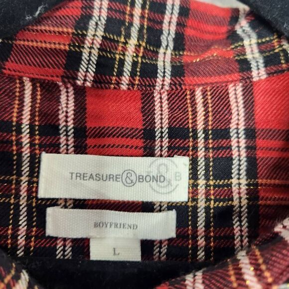 Treasure & Bond Button Down Collared Plaid Boyfriend Plaid Womens Large Shirt - Picture 10 of 11